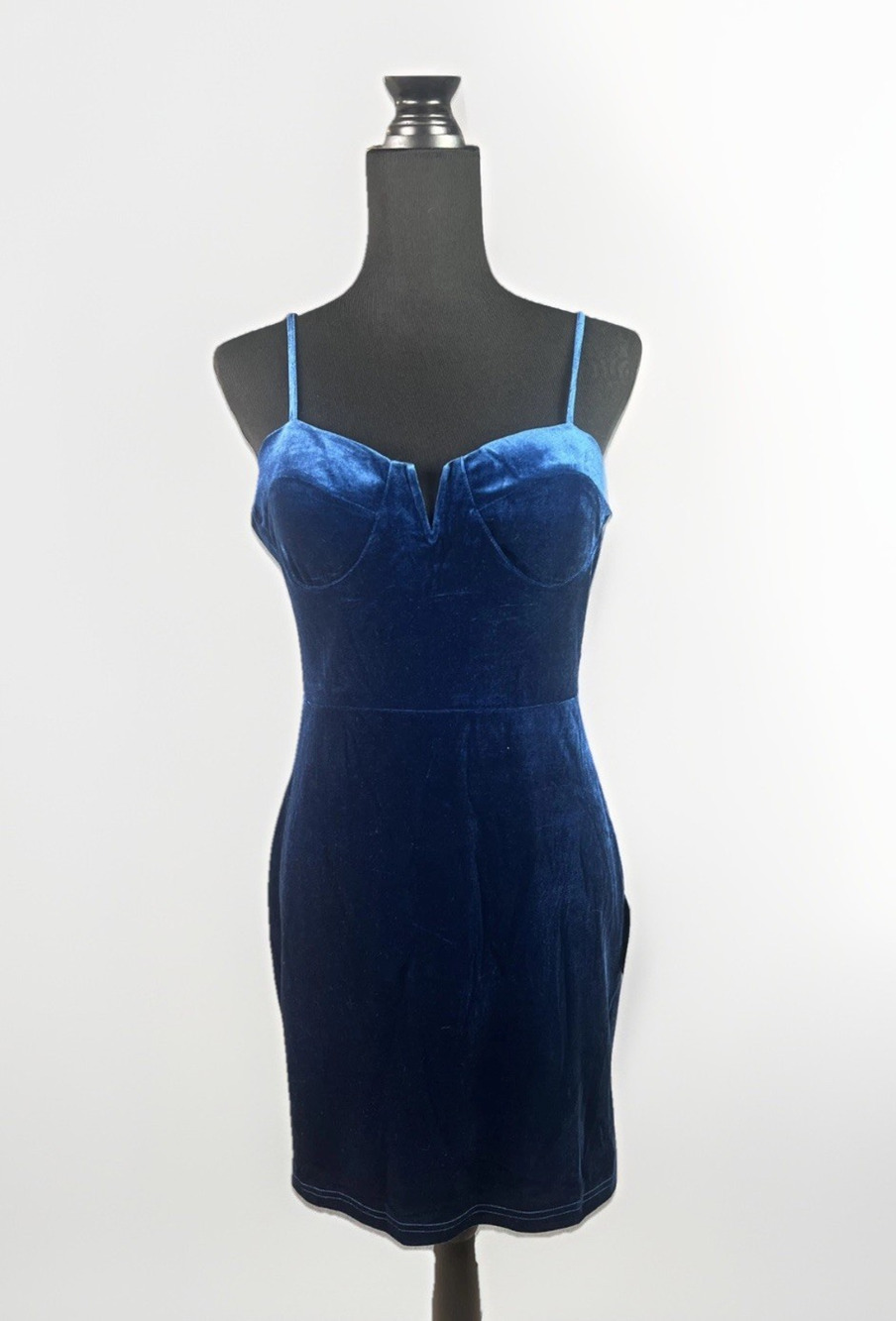 Lulus Blue Velvet Bodycon Mini Dress Size Large Spaghetti Strap Bustier Party